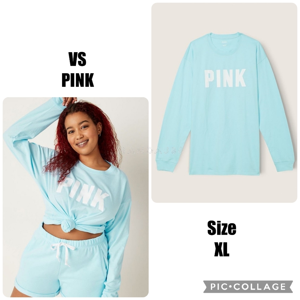 VS PINK Blue Breeze Classic White Logo Long Sleeve Campus Tee Oversized XL NEW